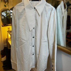 meg Copenhagen White Button down Blouse Tunic Oversized Asymmetrical Collar L